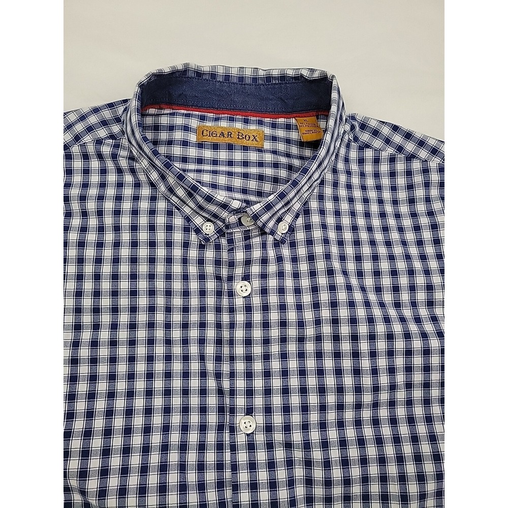 Cigar Box Men's Button Down Shirt Extra Large Blue Check Short Sleeve XL